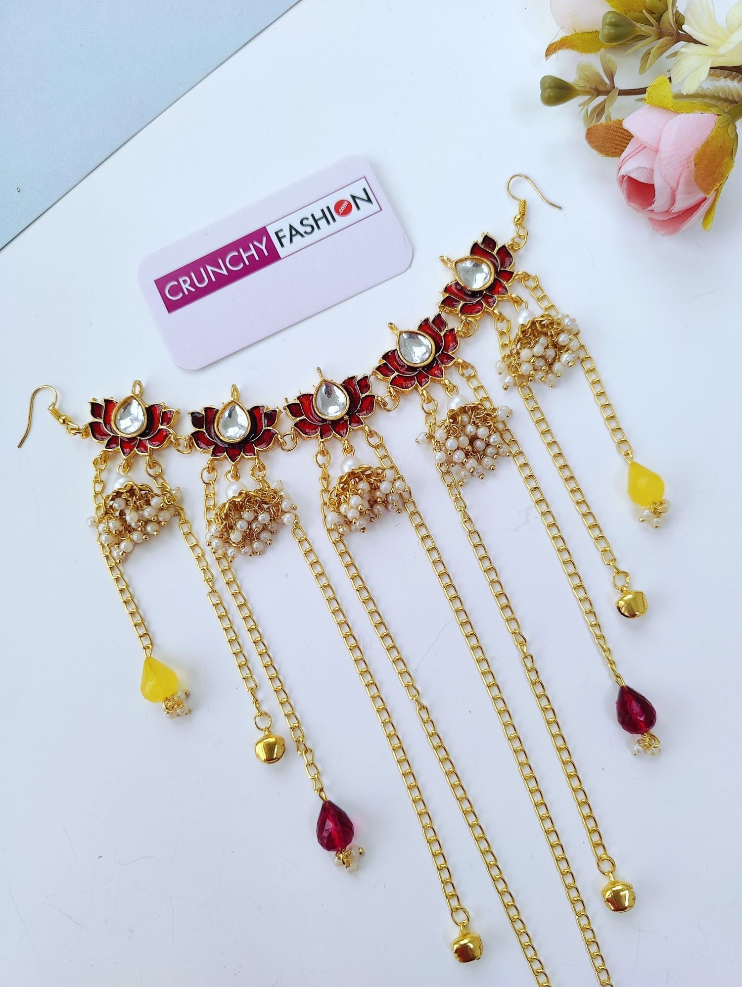 Maroon Lotus Kundan Hair Accessory with Pearls
