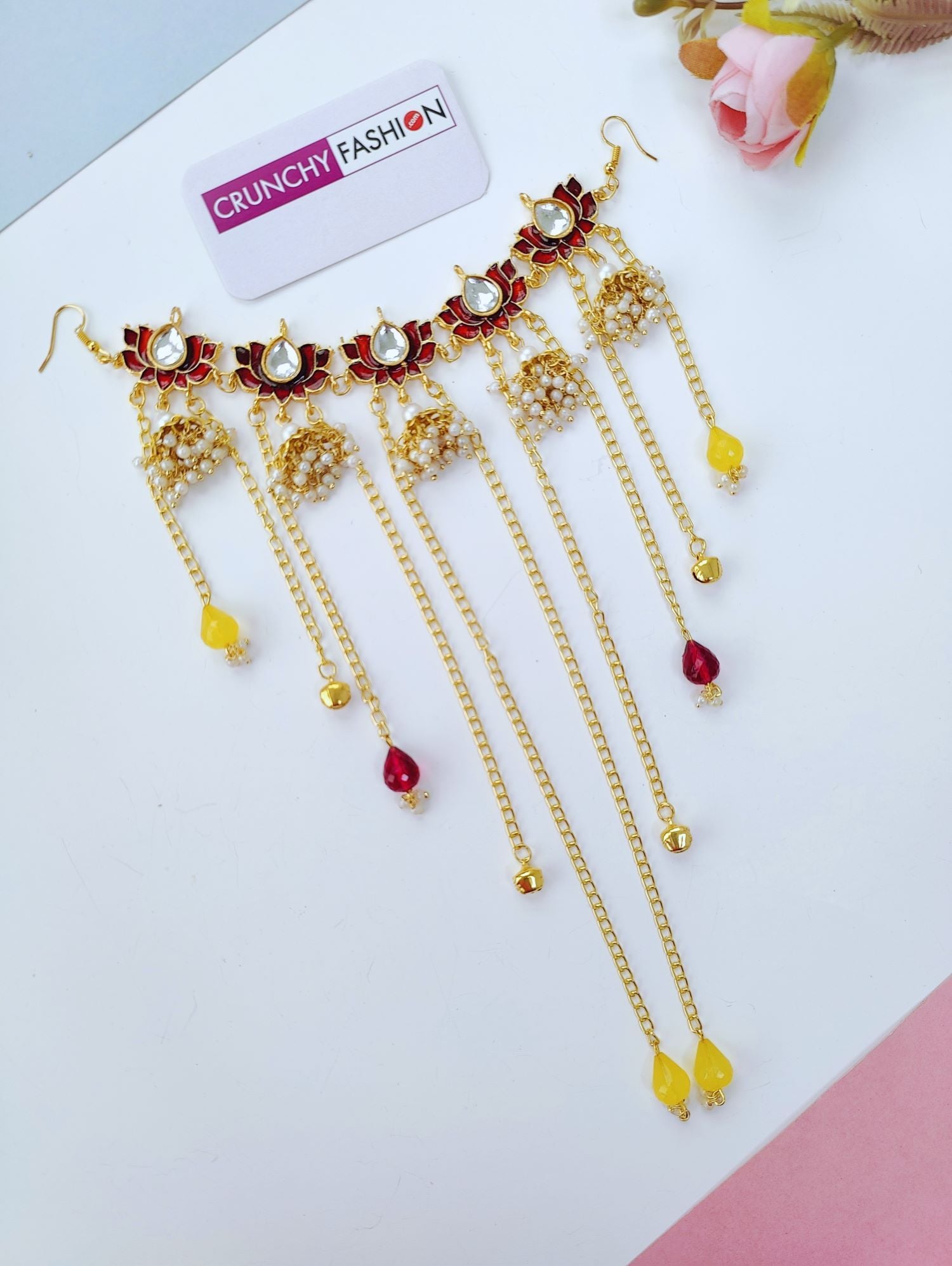 Maroon Lotus Kundan Hair Accessory with Pearls