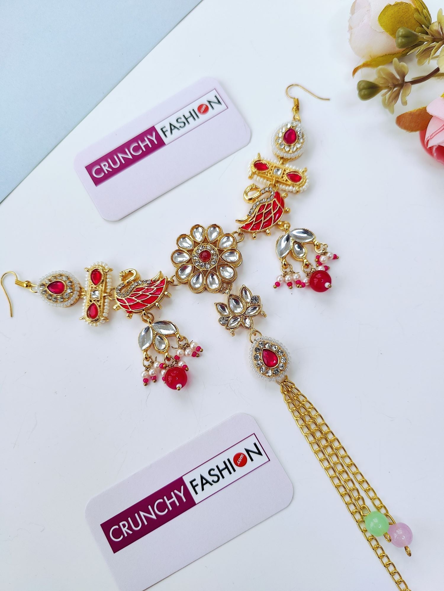 Pink Floral Kundan Hair Accessory & Pearl Jewellery
