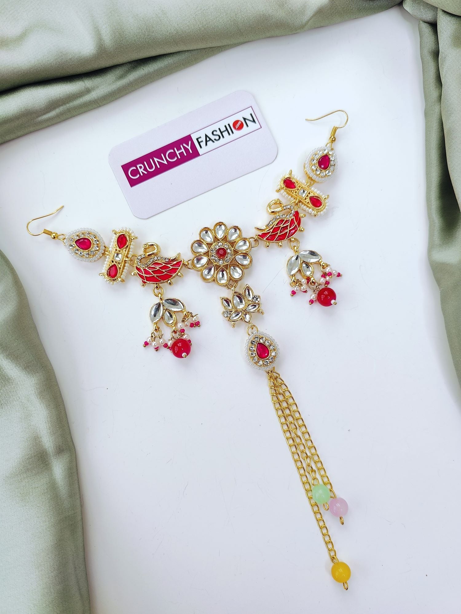 Pink Floral Kundan Hair Accessory & Pearl Jewellery