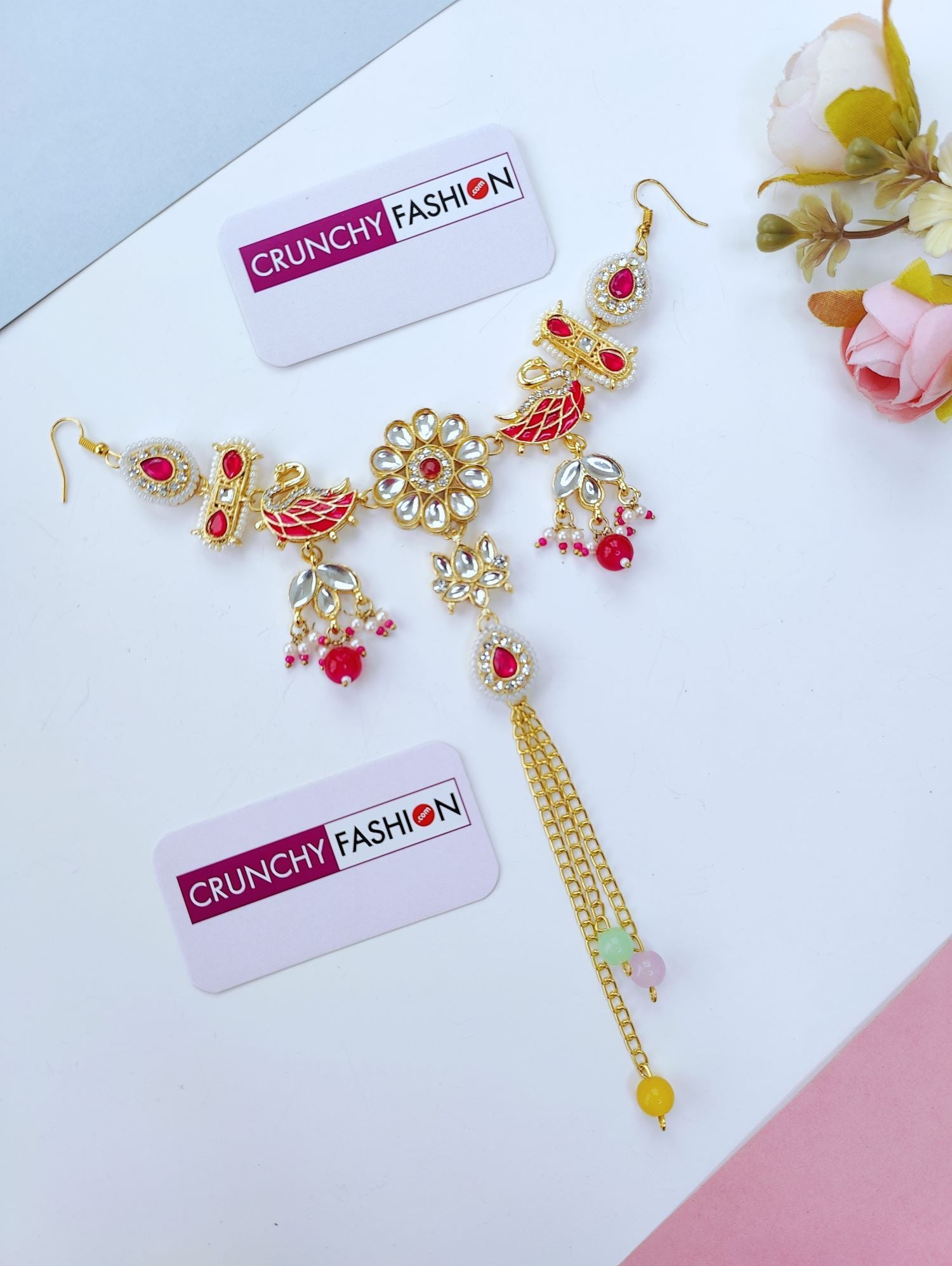 Pink Floral Kundan Hair Accessory & Pearl Jewellery