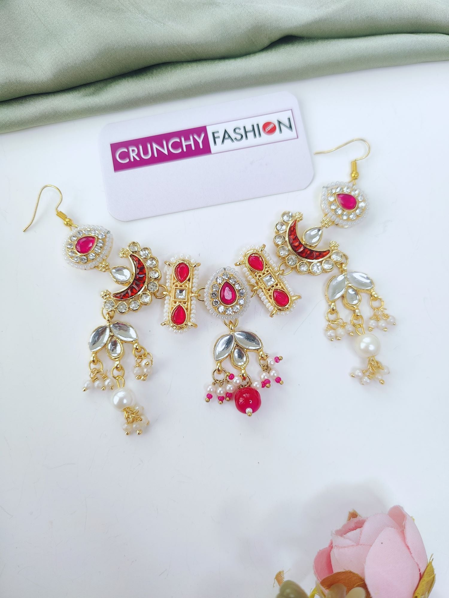 Maroon Pink Kundan Pearl Bridal Hair Accessory