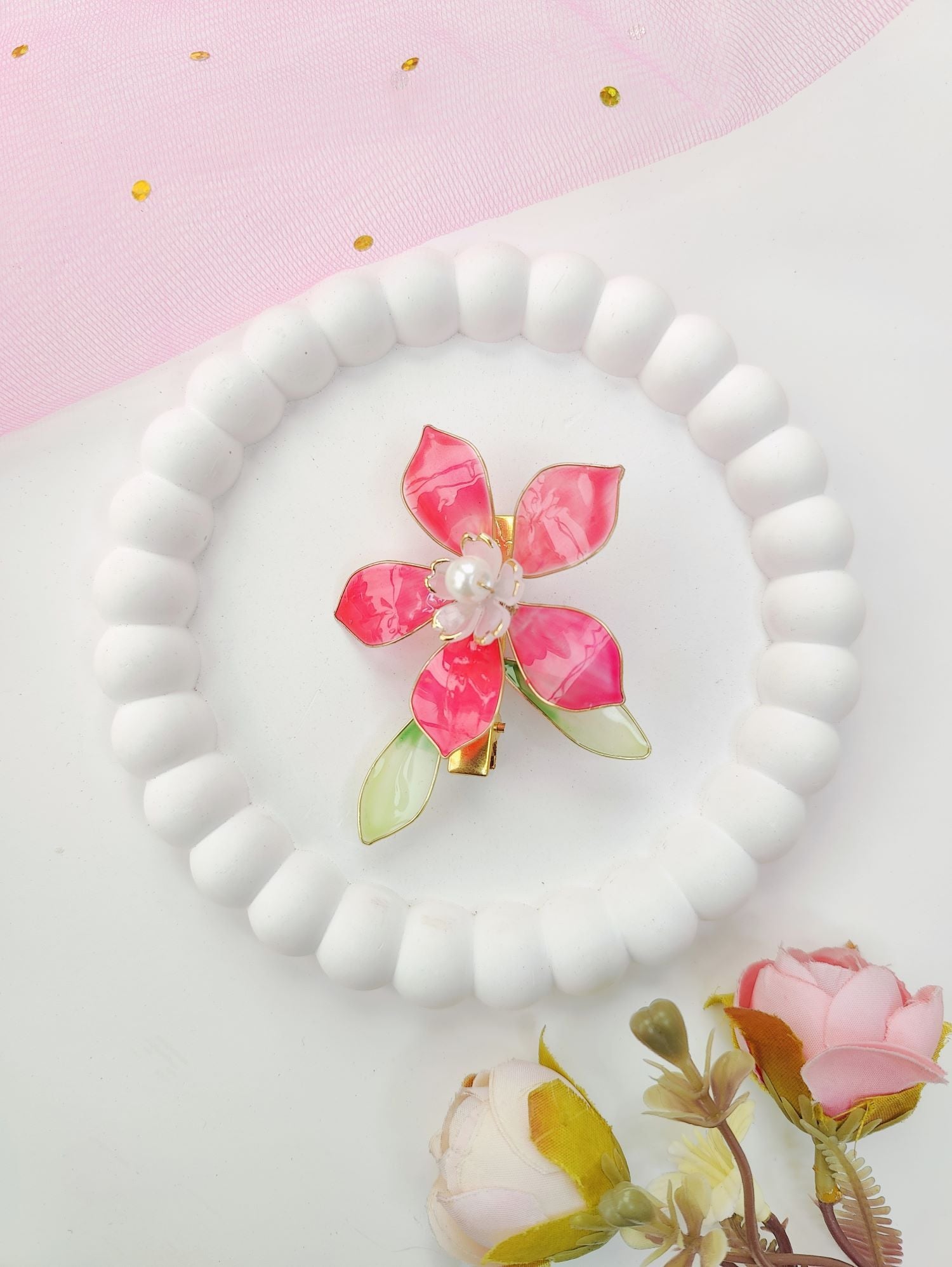 Pink & Green Floral Resin Hair Clip Jewelry