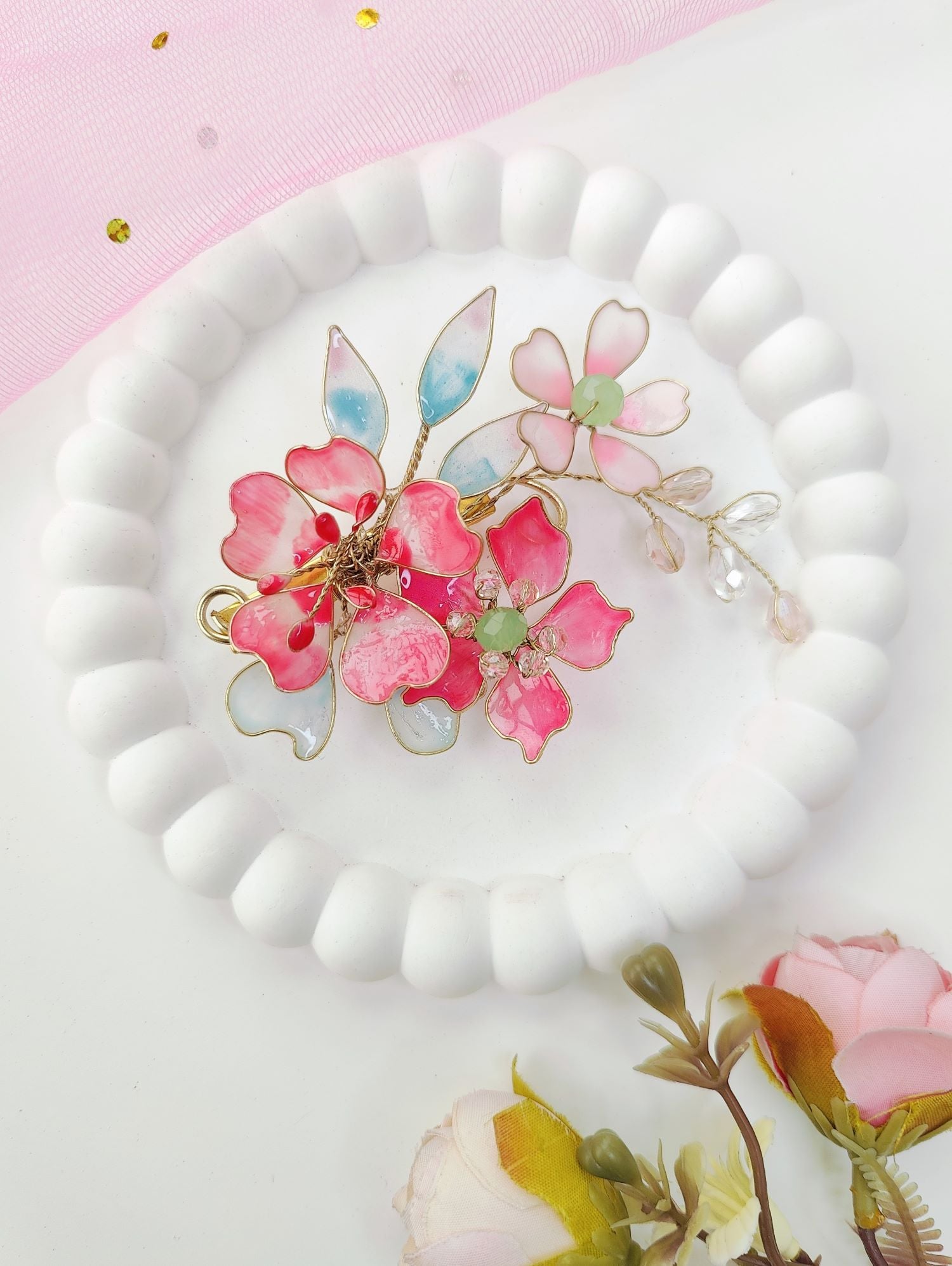 Handmade Pink Resin Floral Hair Accessory
