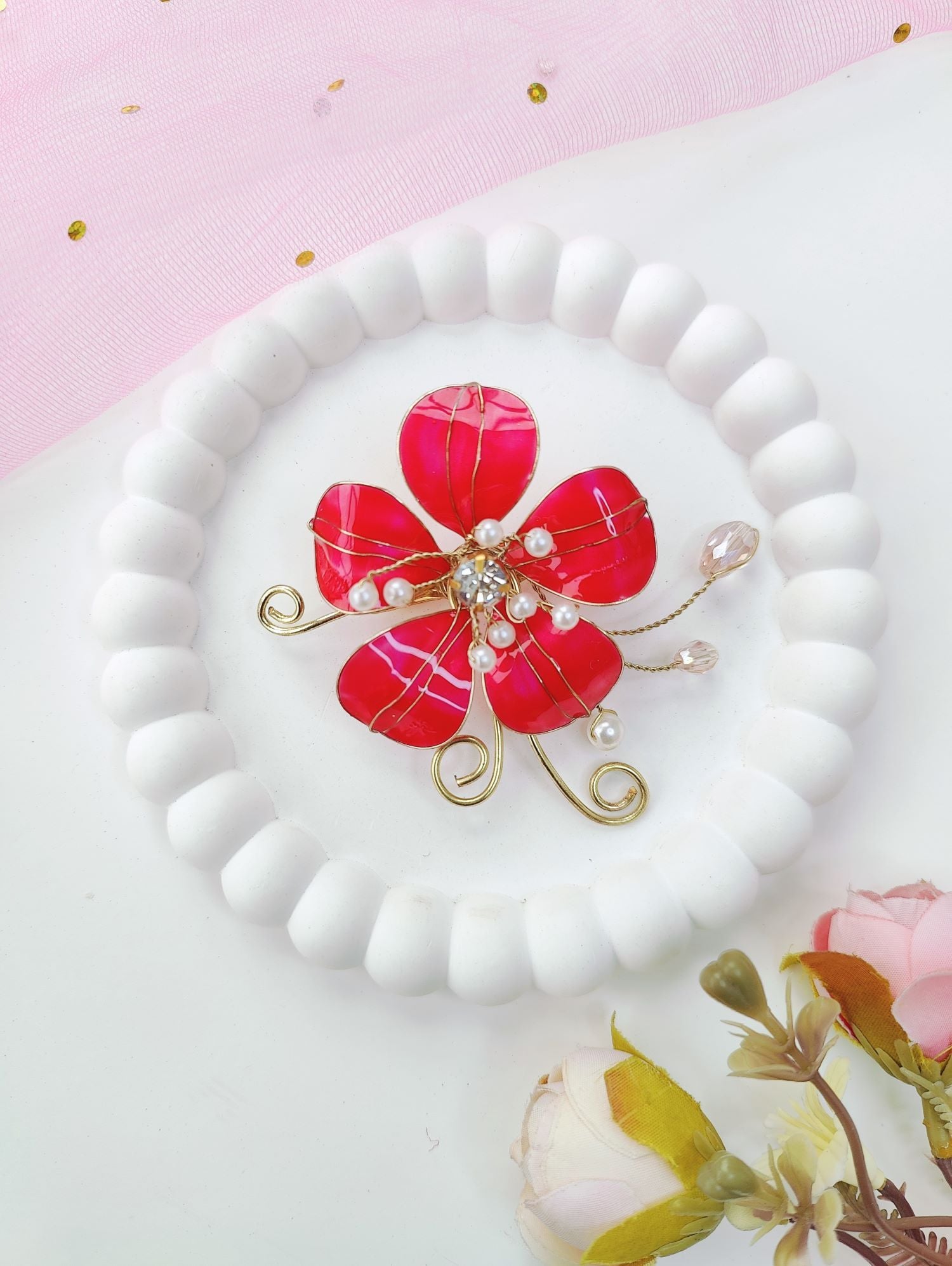 Bright Pink Floral Resin Hair Pins for Weddings