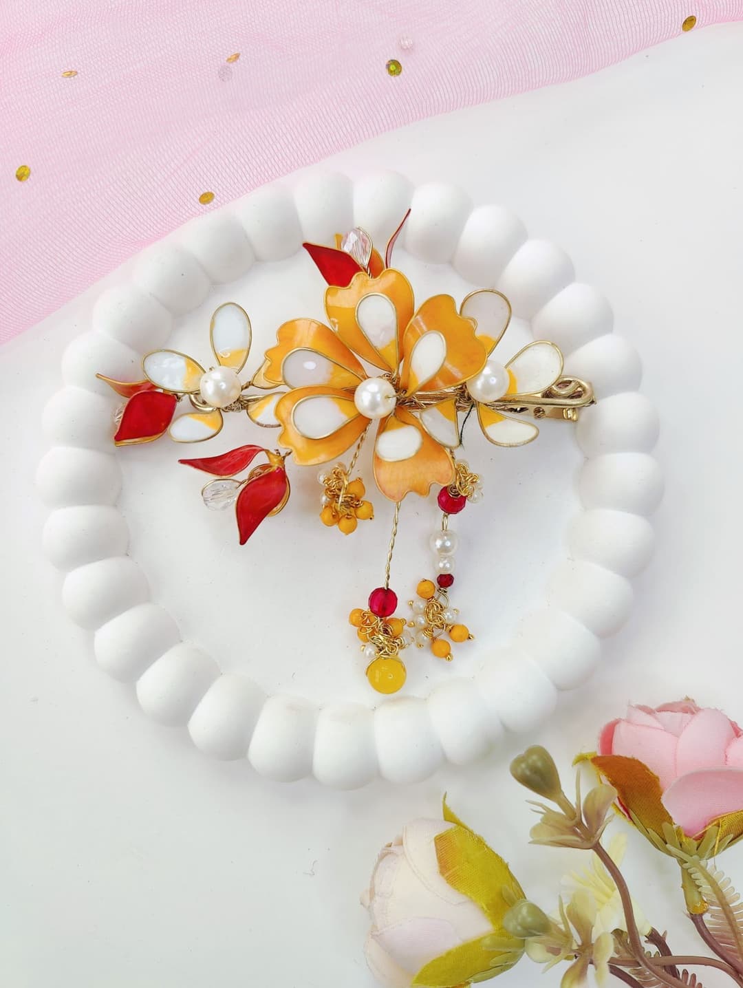 Handmade Yellow White Floral Resin Hair Clip