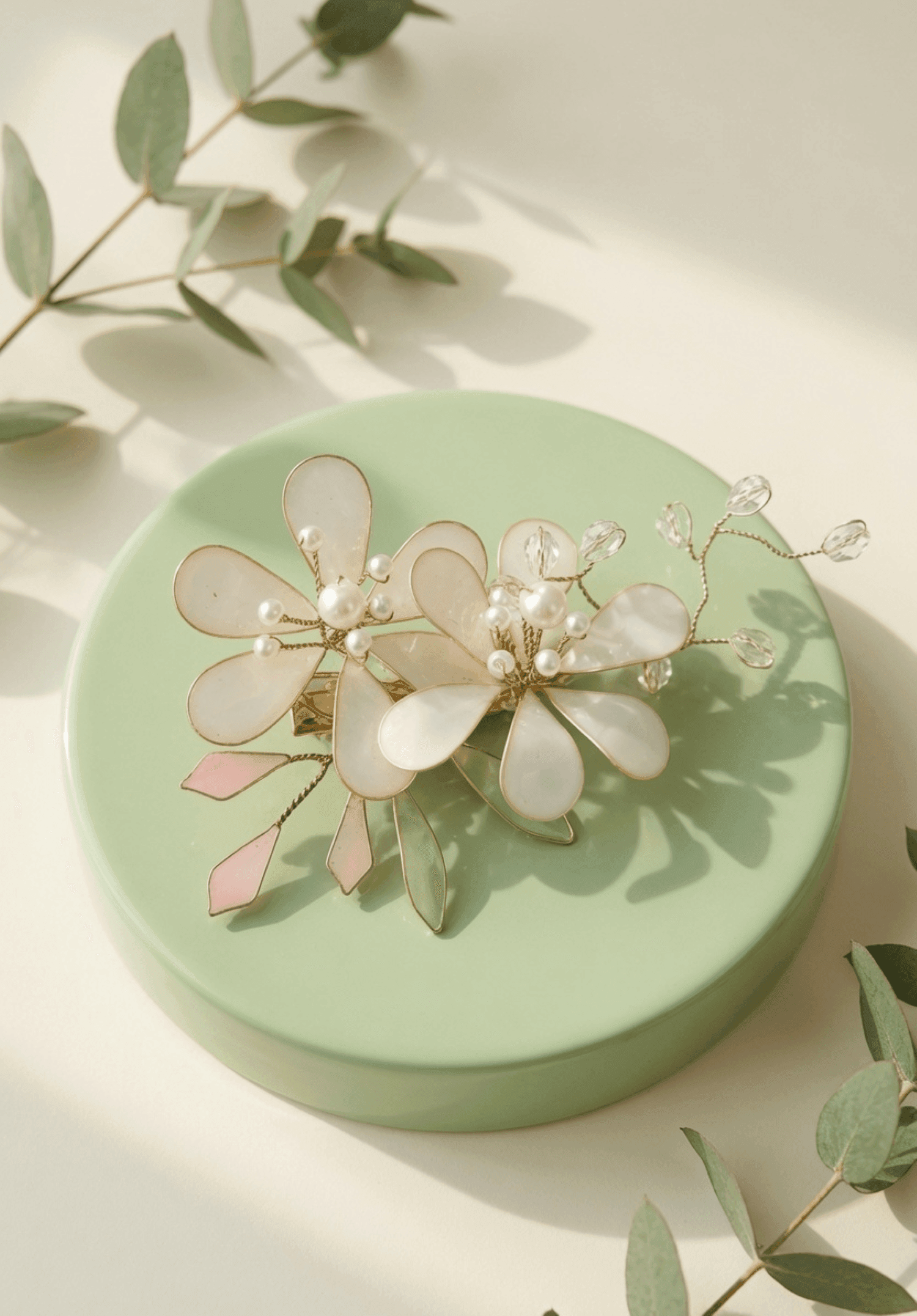 Handmade White & Green Floral Resin Hair Clip