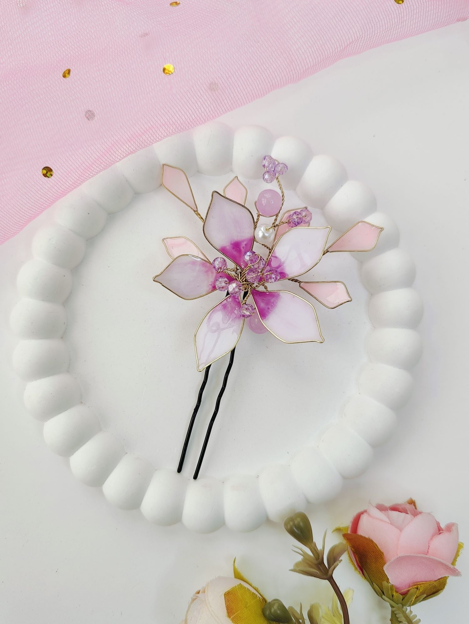 Handmade Purple Resin Floral Hair Pins Set of Two
