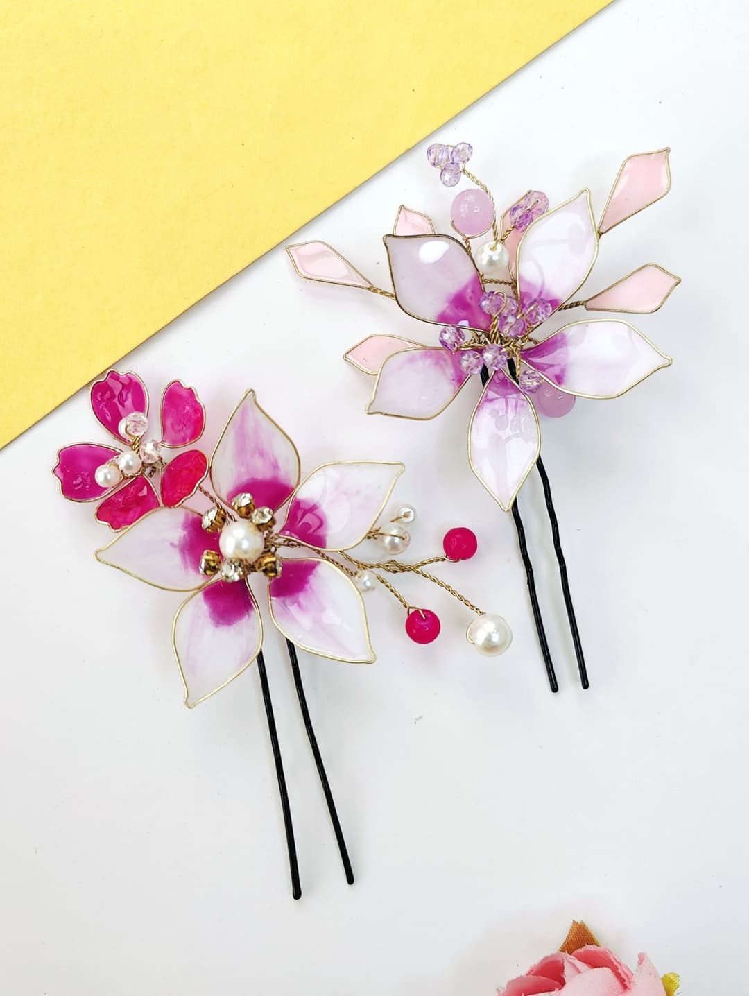 Handmade Purple Resin Floral Hair Pins Set of Two
