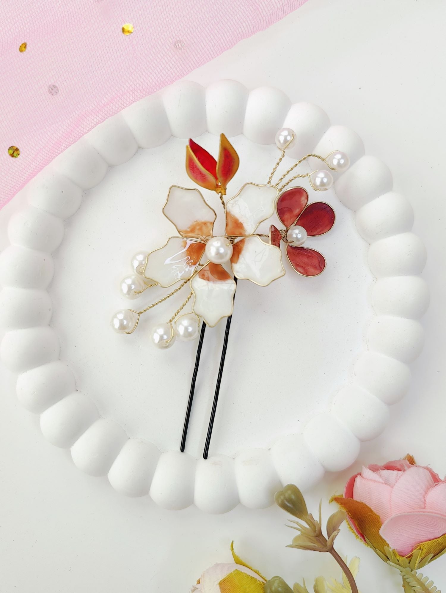 Handmade Brown & White Floral Resin Hair Pins Set