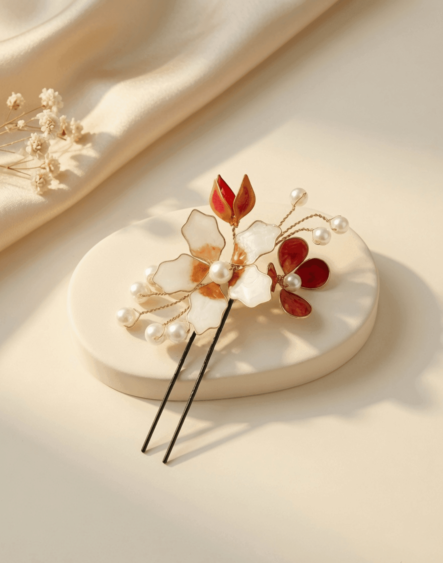 Handmade Brown & White Floral Resin Hair Pins Set