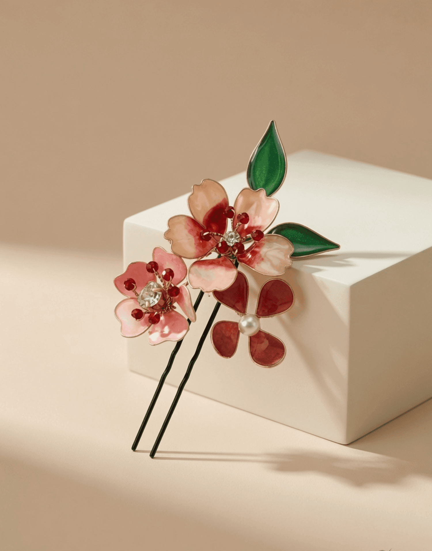 Handmade Brown & White Floral Resin Hair Pins Set