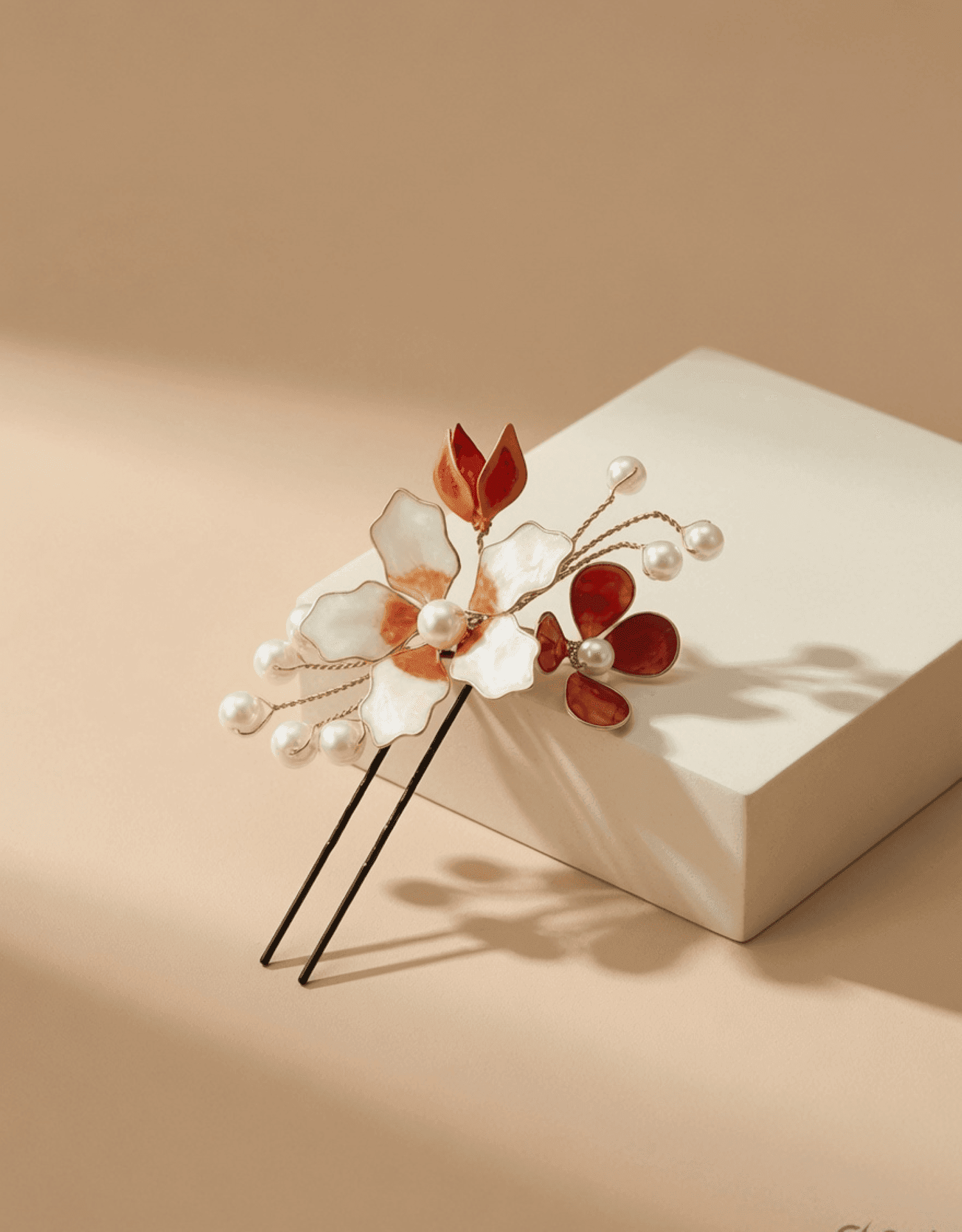 Handmade Brown & White Floral Resin Hair Pins Set