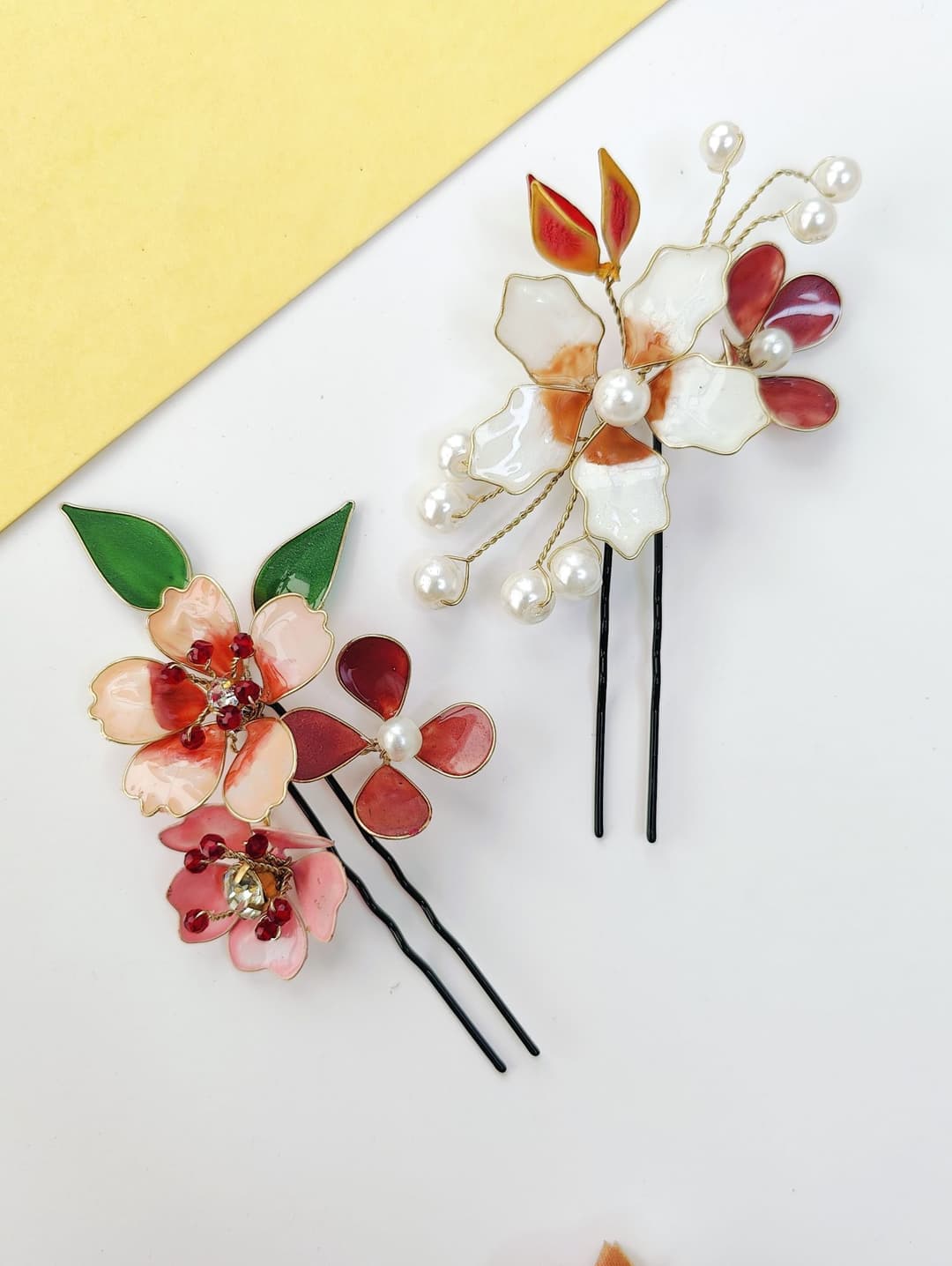 Handmade Brown & White Floral Resin Hair Pins Set
