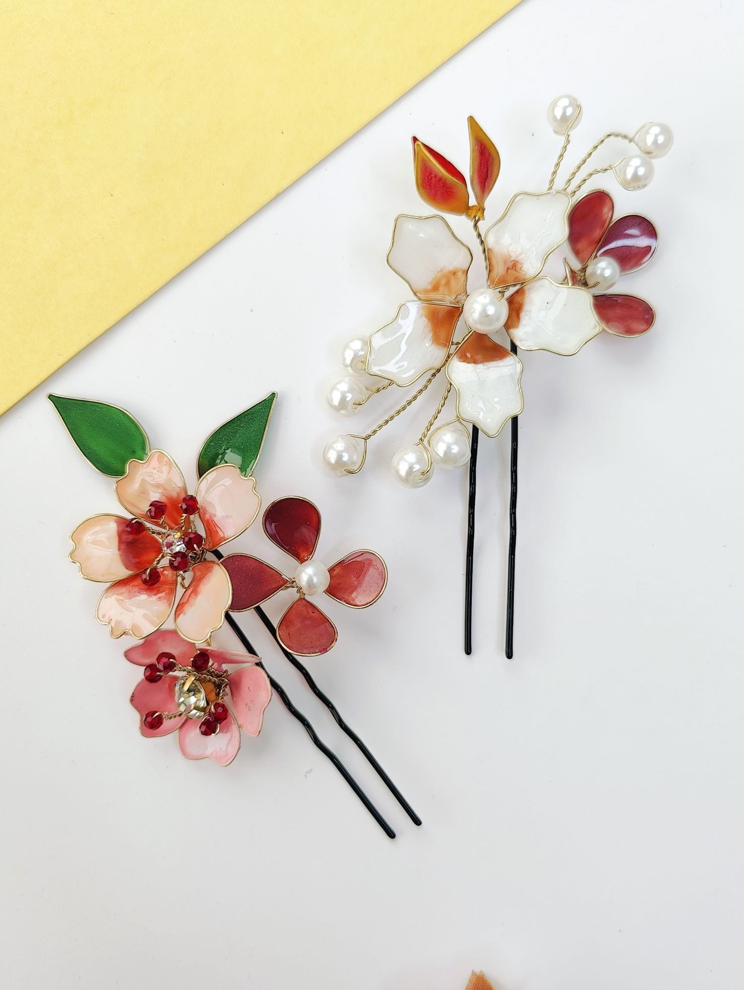 Handmade Brown & White Floral Resin Hair Pins Set