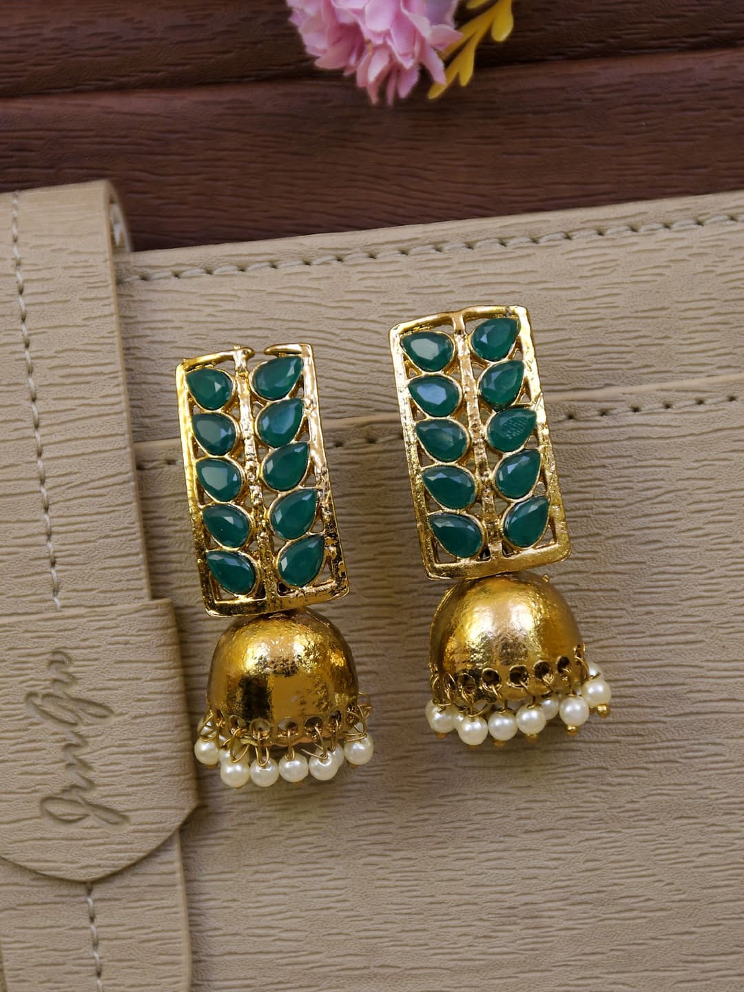 Traditional Triangle Ethnic Beads Jhumka Earrings, Gleam Gold Plating