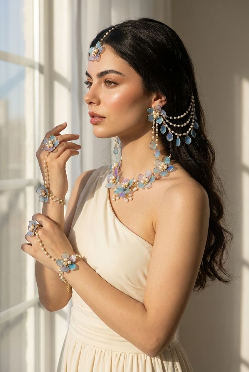 Pastel Blue Purple Acrylic Floral Jewellery Set for Haldi & Mehndi Brides