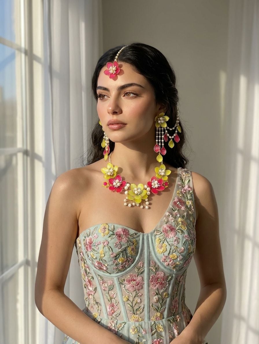 Designer Floral Haldi-Mehndi Bridal Jewellery Pink & Green