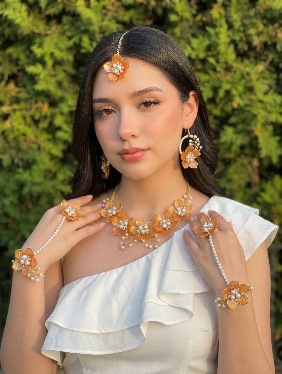 Designer Flower Themed Acrylic Bridal Jewellery Set in Vivid Colours