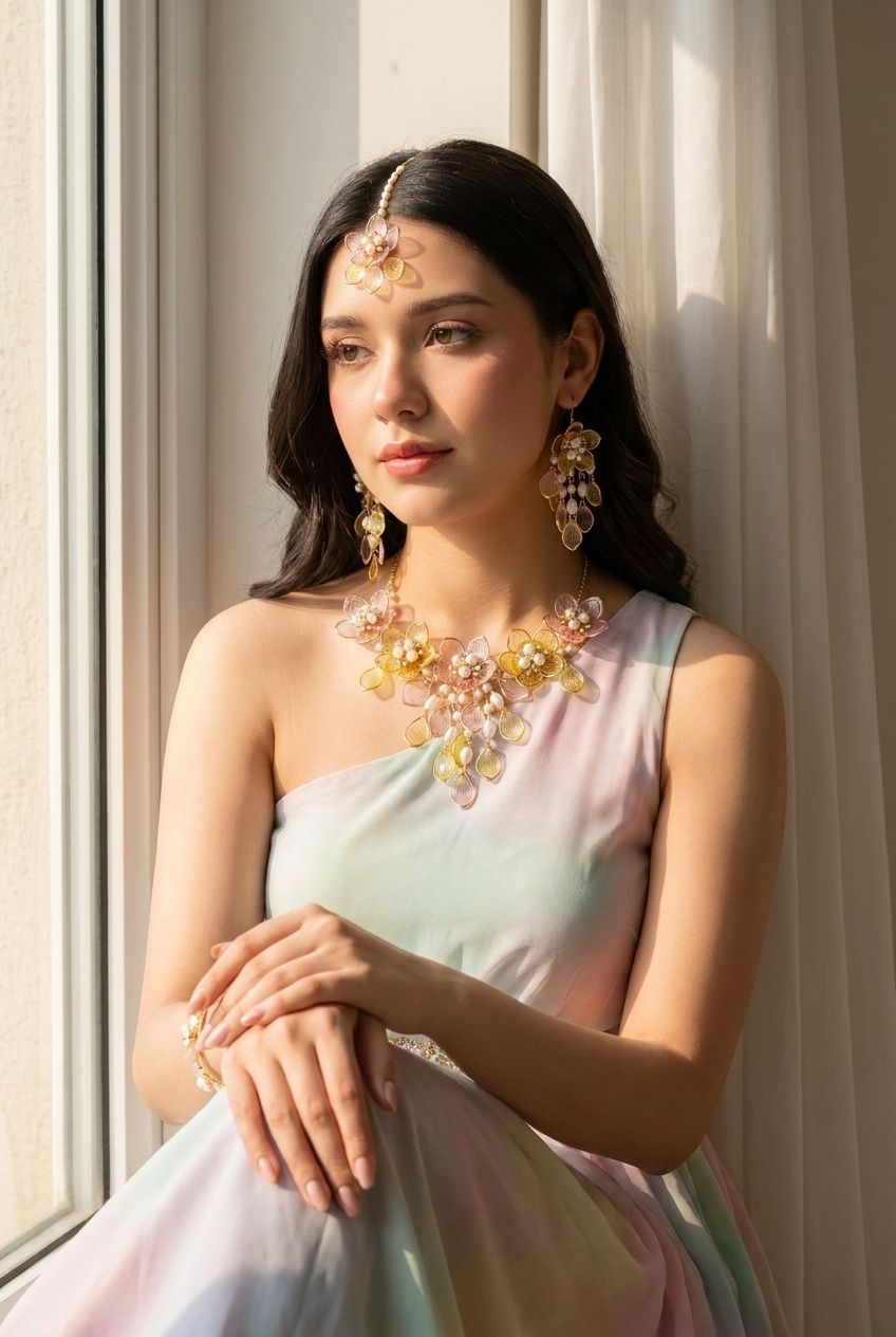 Yellow-Pink Acrylic Flowers Bridal Jewelry for Haldi-Mehndi