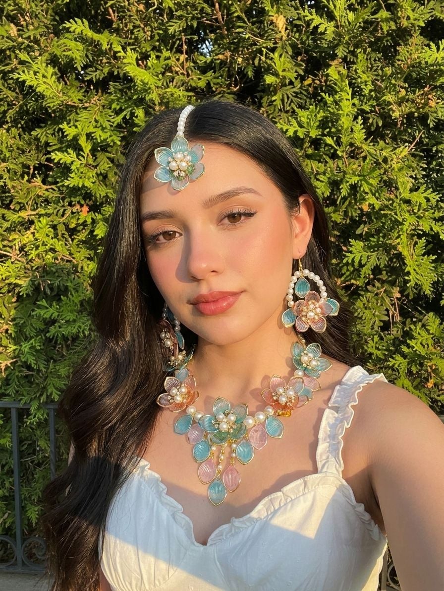 Elegant Acrylic Jewellery Set in Sky Blue & Pink Floral - A Premium Choice for Brides