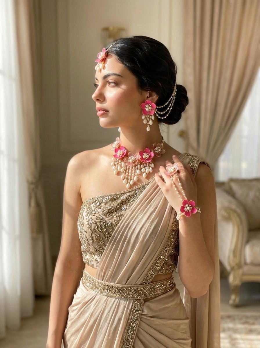 Elegantly Crafted Pink Floral Acrylic Jewelry for Haldi-Mehndi Events