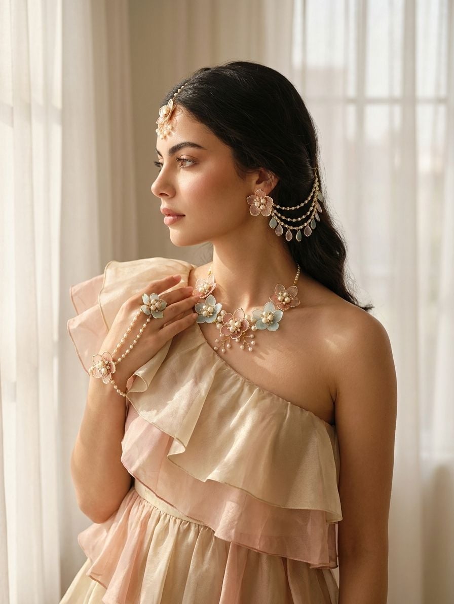 Powder Blue-Pink Floral Jewelry for Haldi-Mehndi
