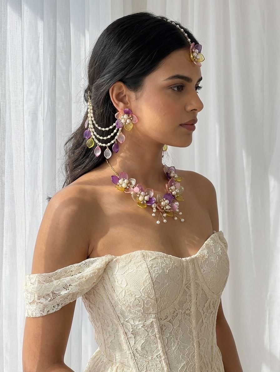 Yellow-Pink Acrylic Flowers Jewelry: Bridal and Haldi-Mehndi Carnival Collection