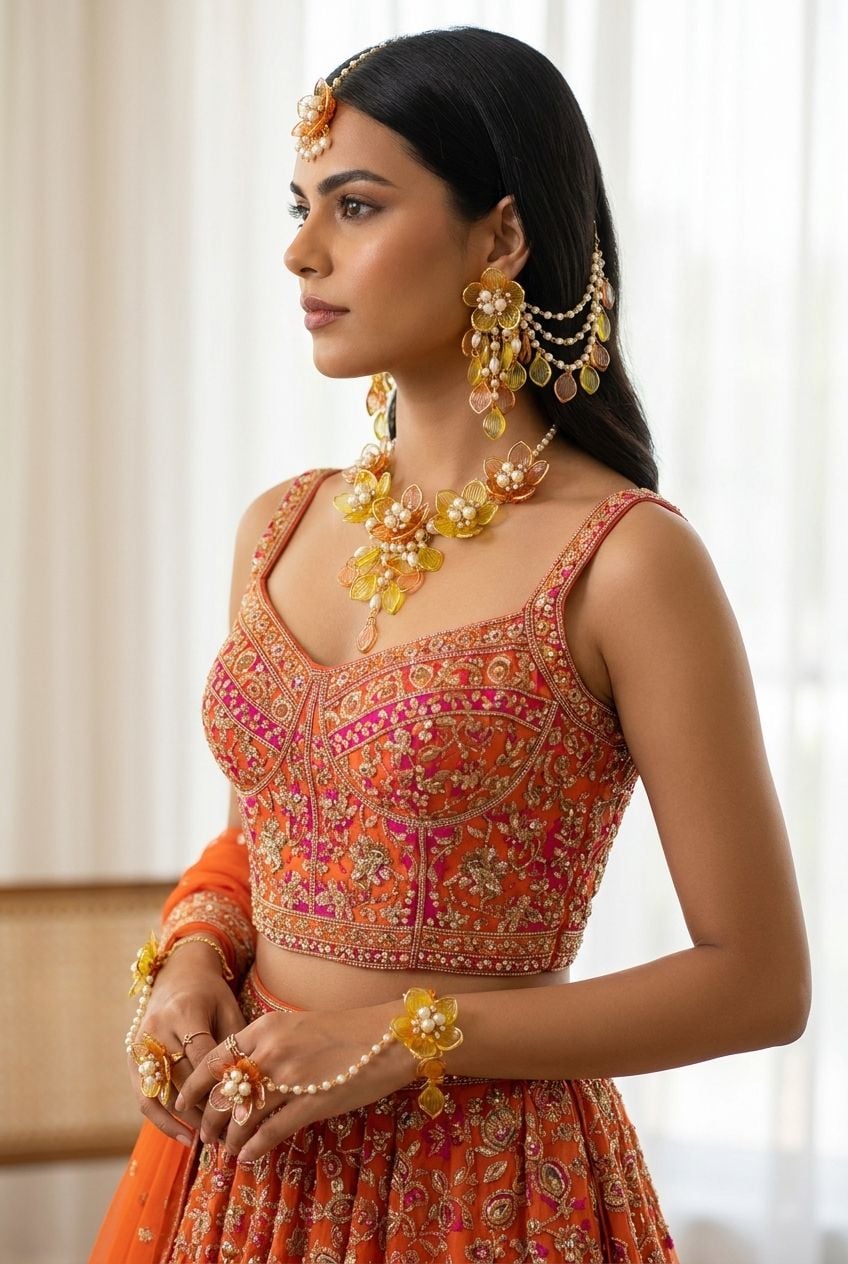 Ornate Haldi-Mehendi Floral Ensemble - Orange Dulhan Jewellery Set for Green Saree
