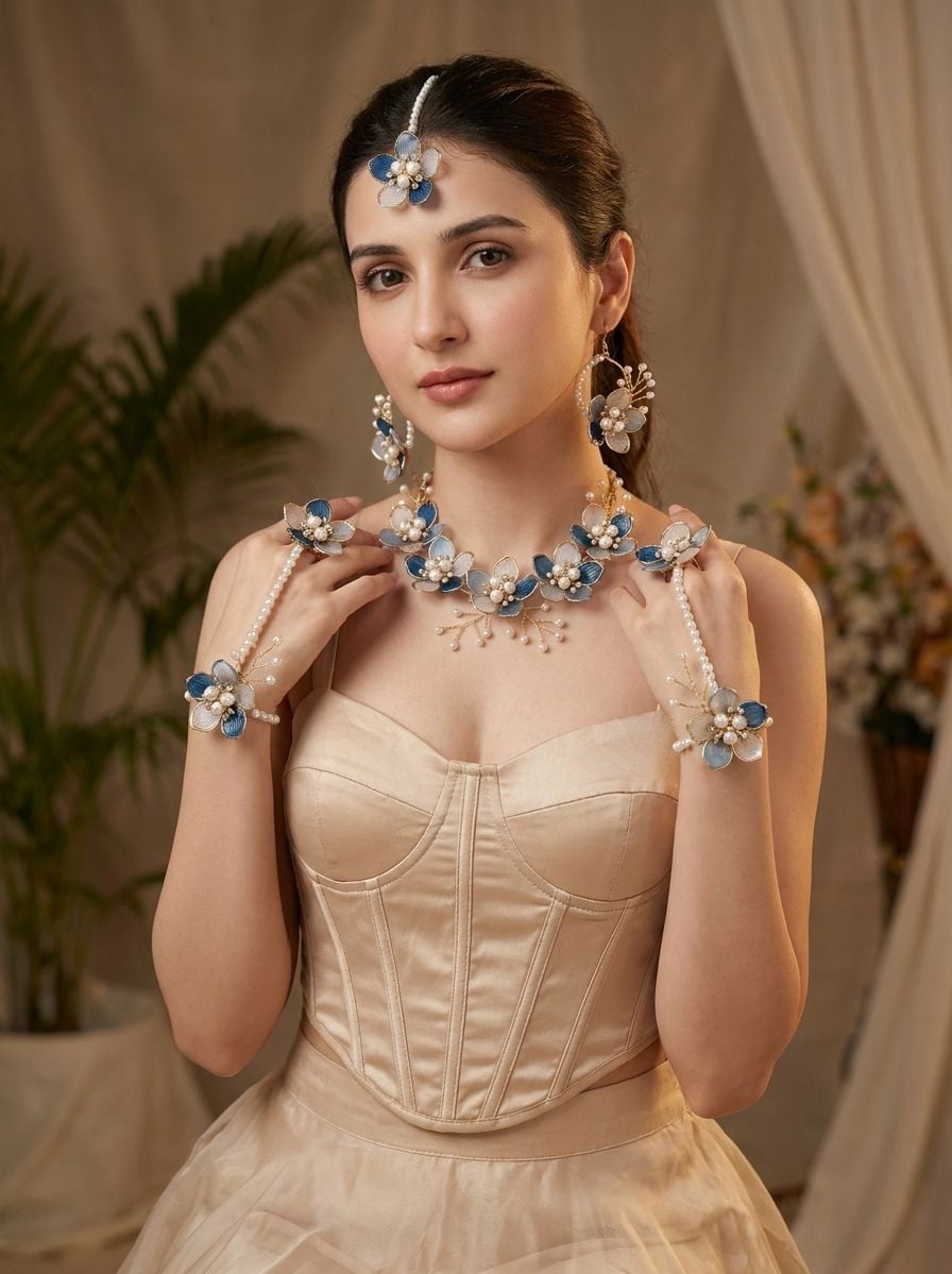 Handmade Resin Carnival Blue Floral Jewellery Set - Perfect For Bridal Haldi & Mehndi Ceremony