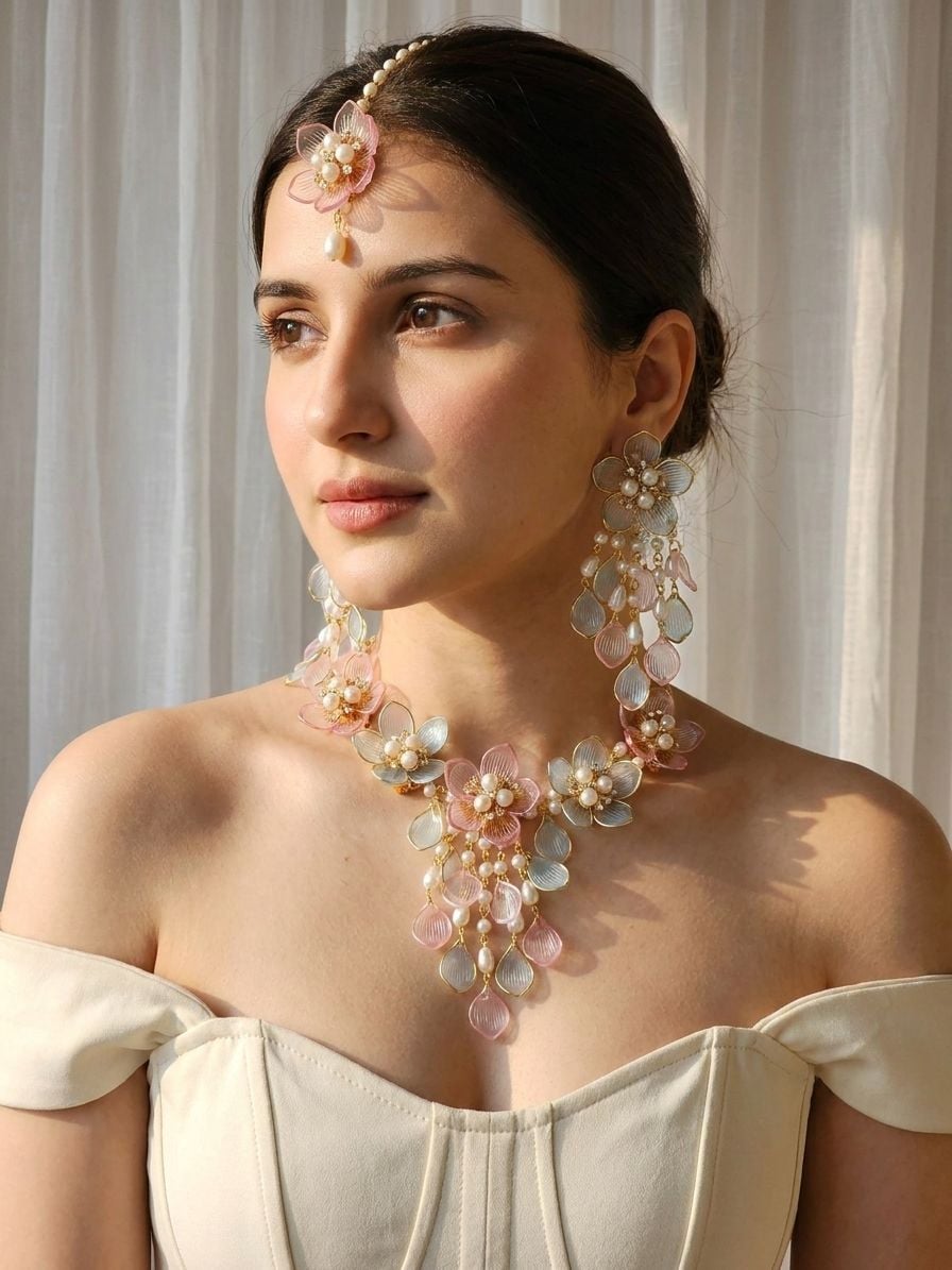 Blooming Bliss: Powder Blue & Pink Floral Bridal Set in Resin & Gold