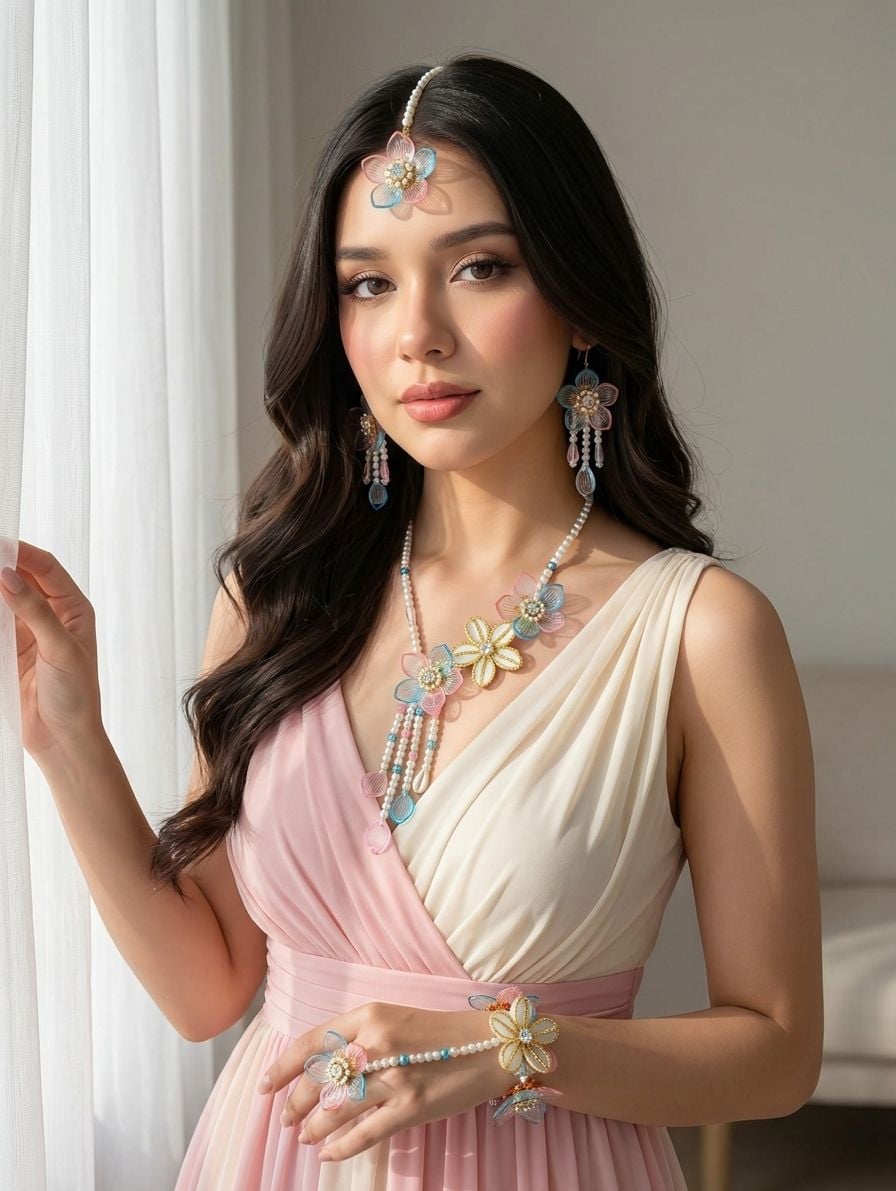 Handmade Acrylic Bridal Jewellery Set Sky Blue Pink Floral