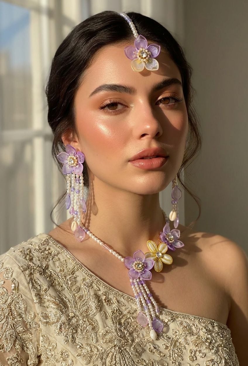 Lavender Bloom - Handmade Floral & Sea Shell Bridal Jewellery Set