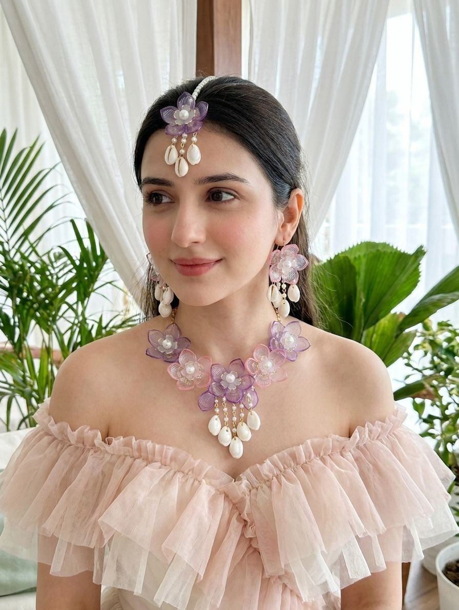 Lavender-Pink Delight: Floral Handmade Resin Carnival Bridal Jewellery Set