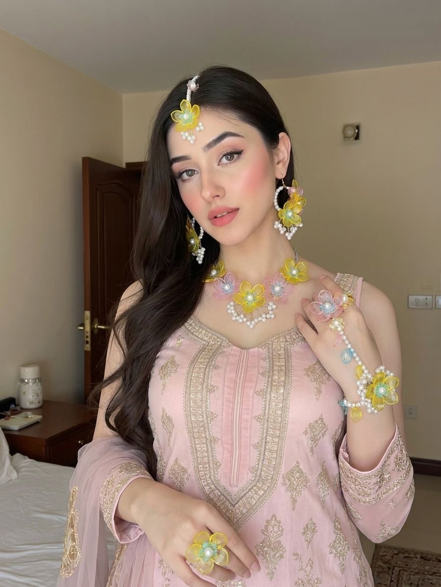 Handmade Carnival of Flowers: Pink-Yellow Floral Resin Jewellery Set For Brides