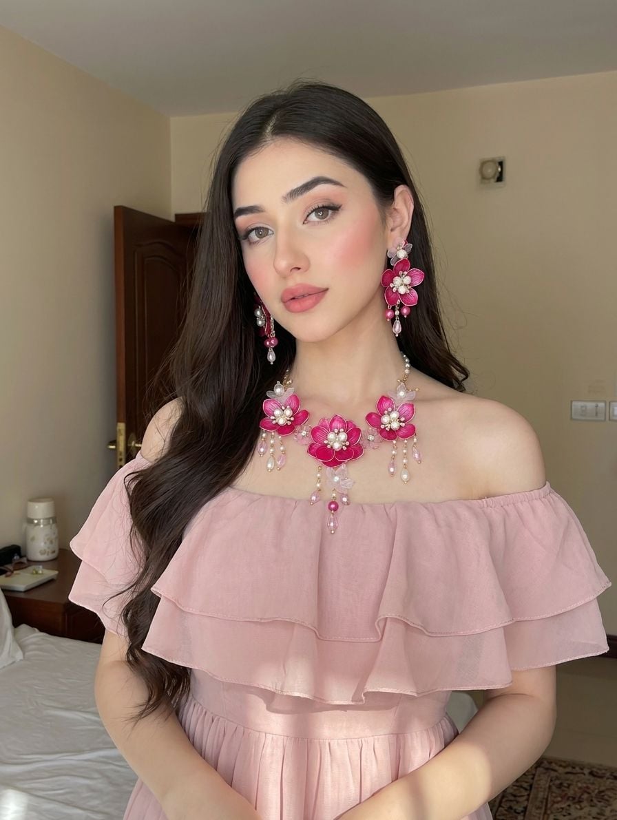 Pink Floral Carnival Bridal Acrylic Jewellery Set with Gold Plating, Ideal for Haldi-Mehndi