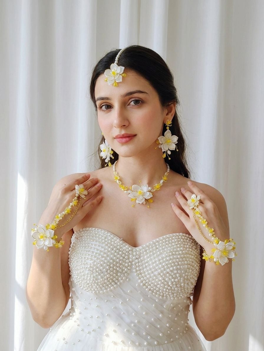 Sunflower Affair - Handmade Resin Bridal Set in White & Yellow