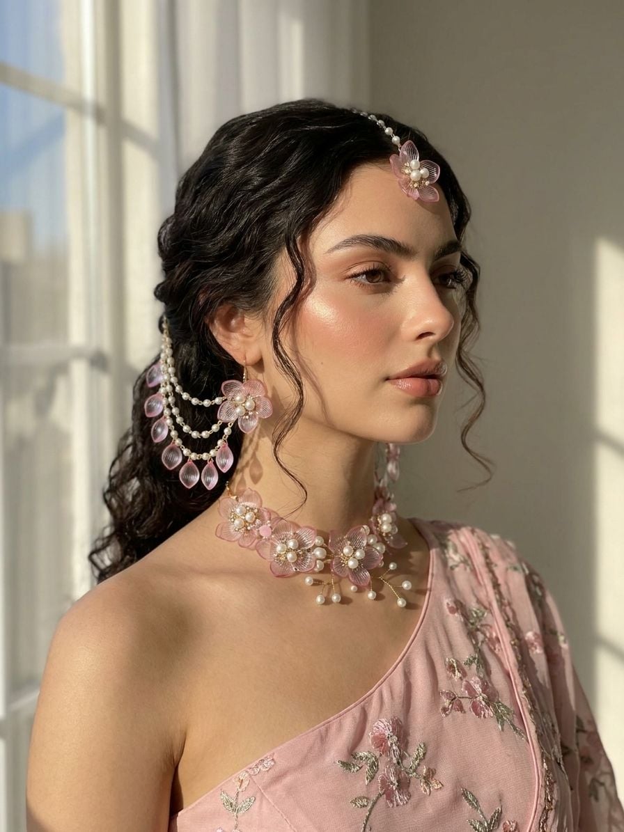 Soft Pink Acrylic Floral Jewellery Set for Haldi & Mehndi Brides