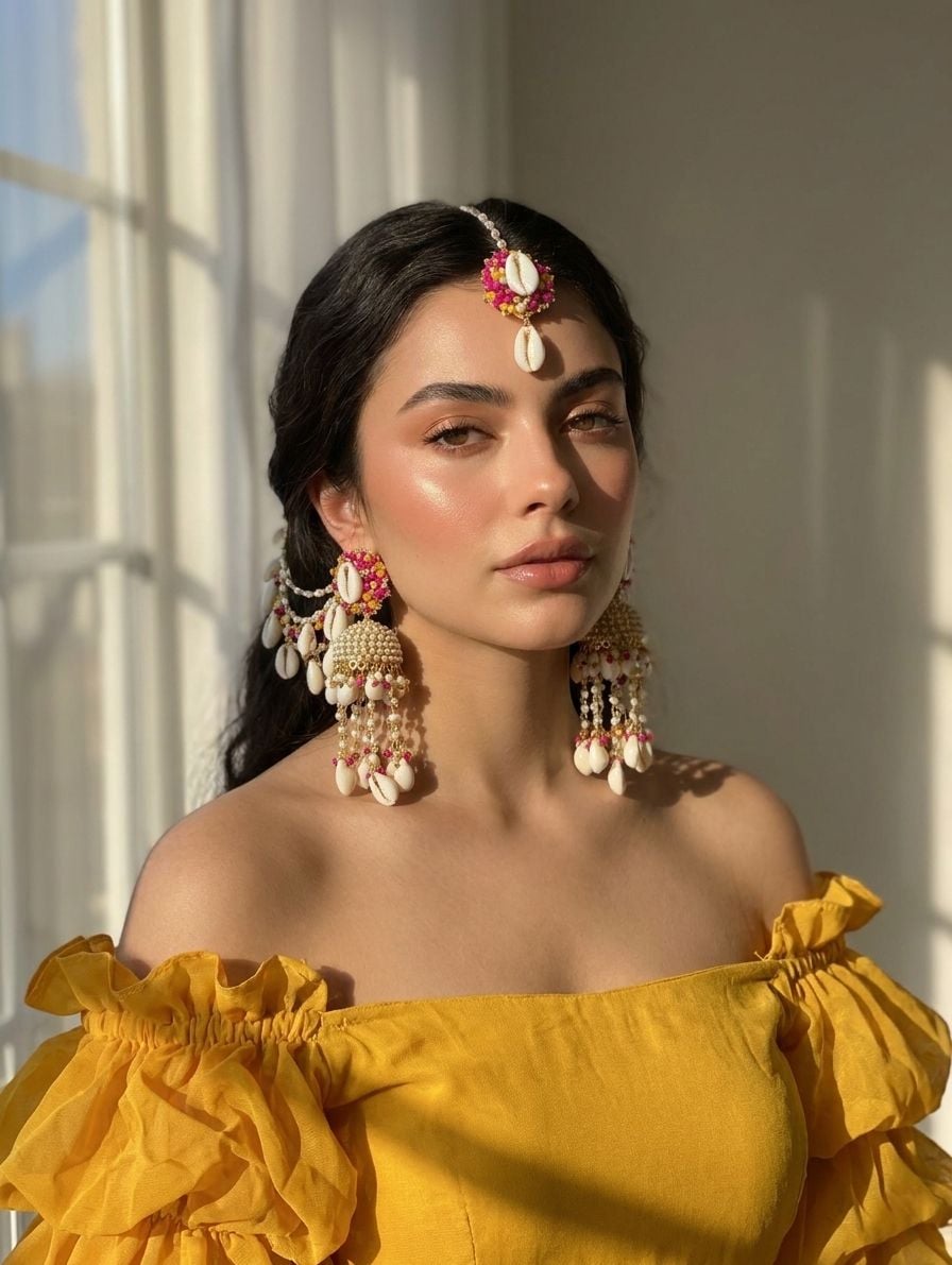 Pink-Yellow Pearl & Sea Shell Earrings with Ear Chains for Haldi