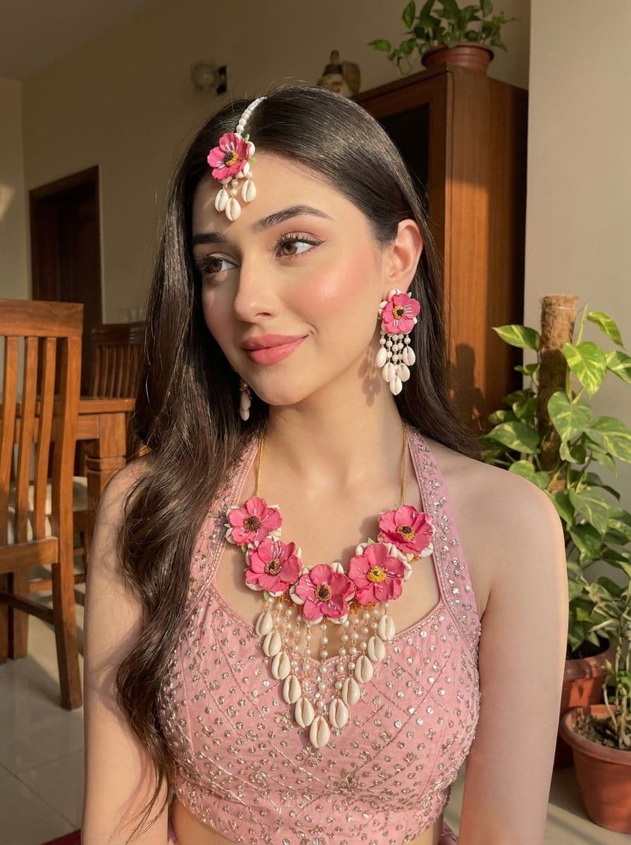 Pink Floral: Handcrafted Cowrie Shell Haldi Bridal Jewelry Set
