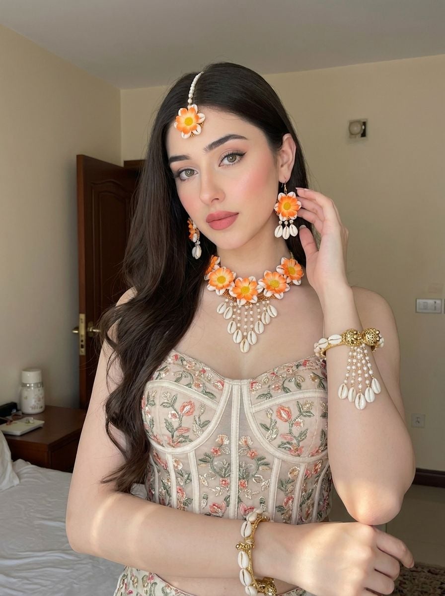 Bridal Orange Blossom Pearl-Decked Cowrie Shell Set for Haldi