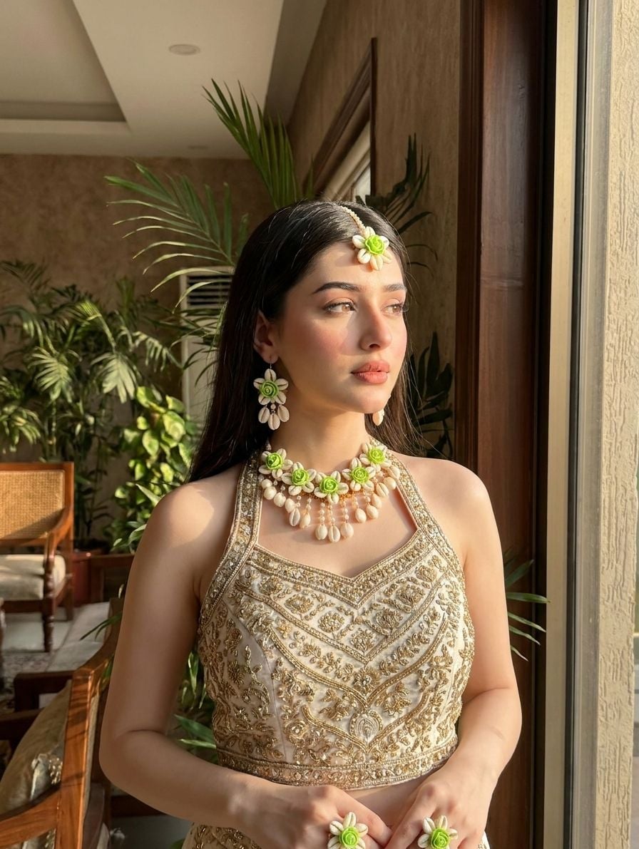 Lime Floral Cowrie Shell Bridal Jewellery Set for Mehendi