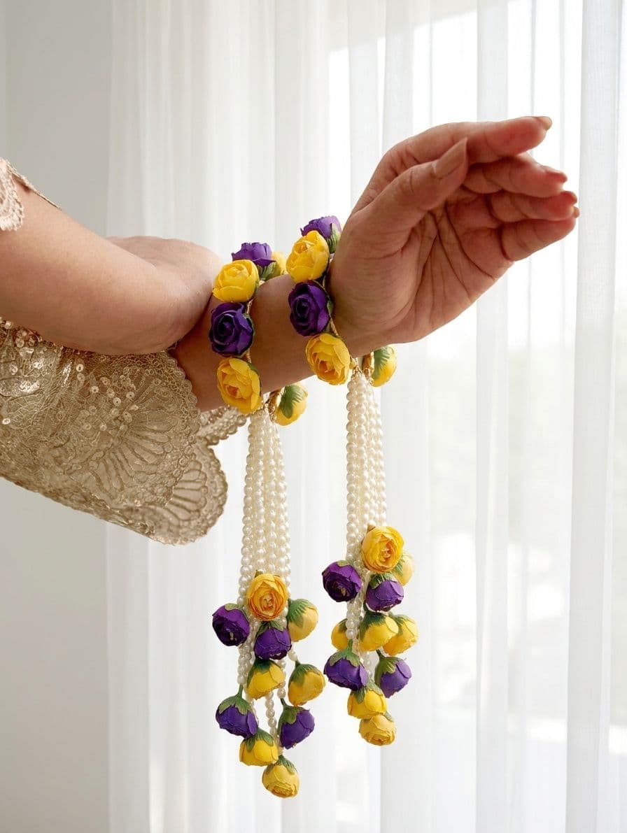 Yellow-Purple Bridal Pearls & Floral Kalire