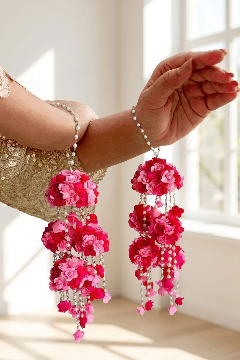 Bridal Kaleere with Pink Roses for Haldi & Weddings, Pearl Adorned