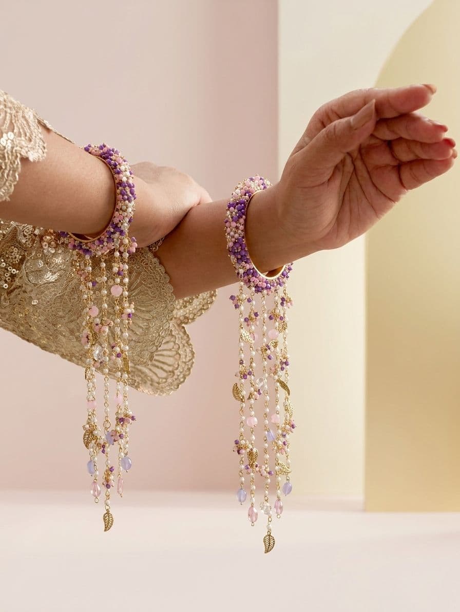 Bridal Kaleere: Lav-Pink Pearl & Shell, Handmade Floral Haldi|Wedding
