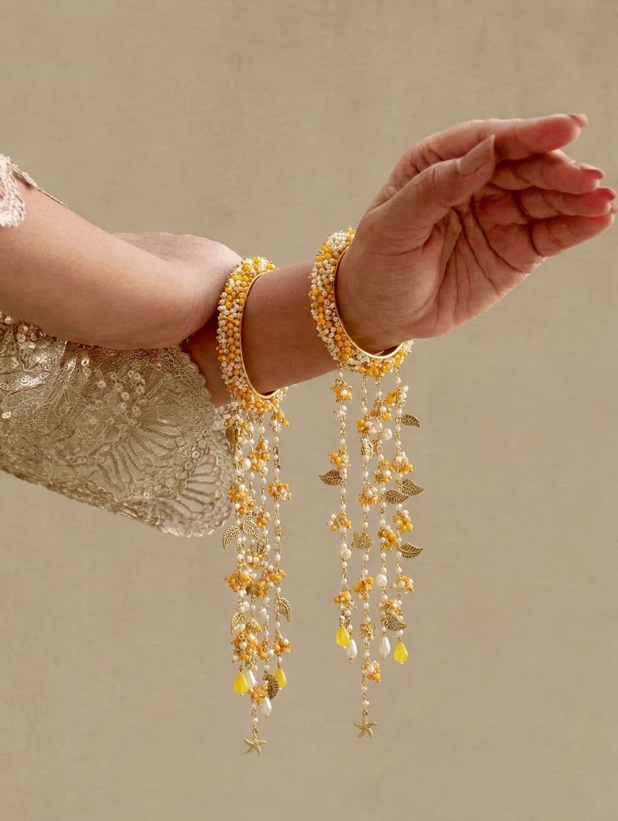 Floral Yellow Pearl & Shell Bridal Kaliras for Haldi