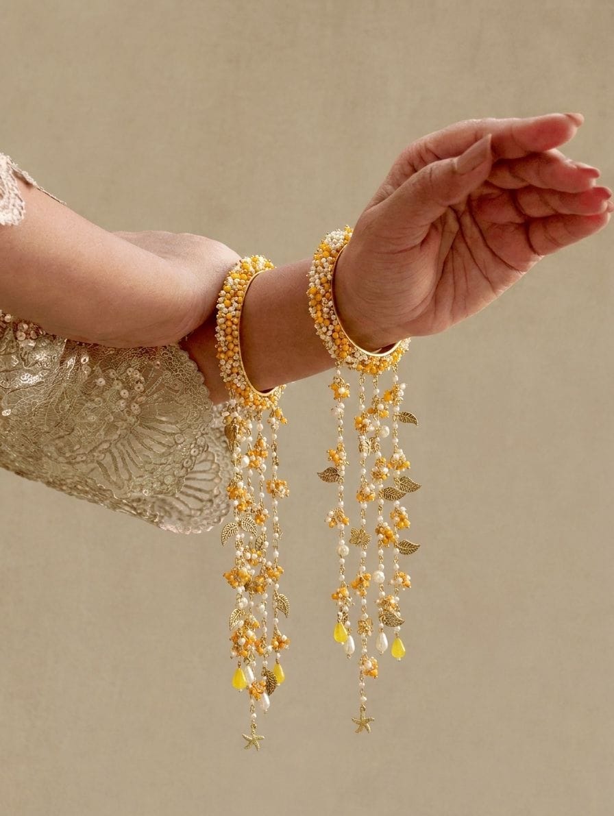 Floral Yellow Pearl & Shell Bridal Kaliras for Haldi