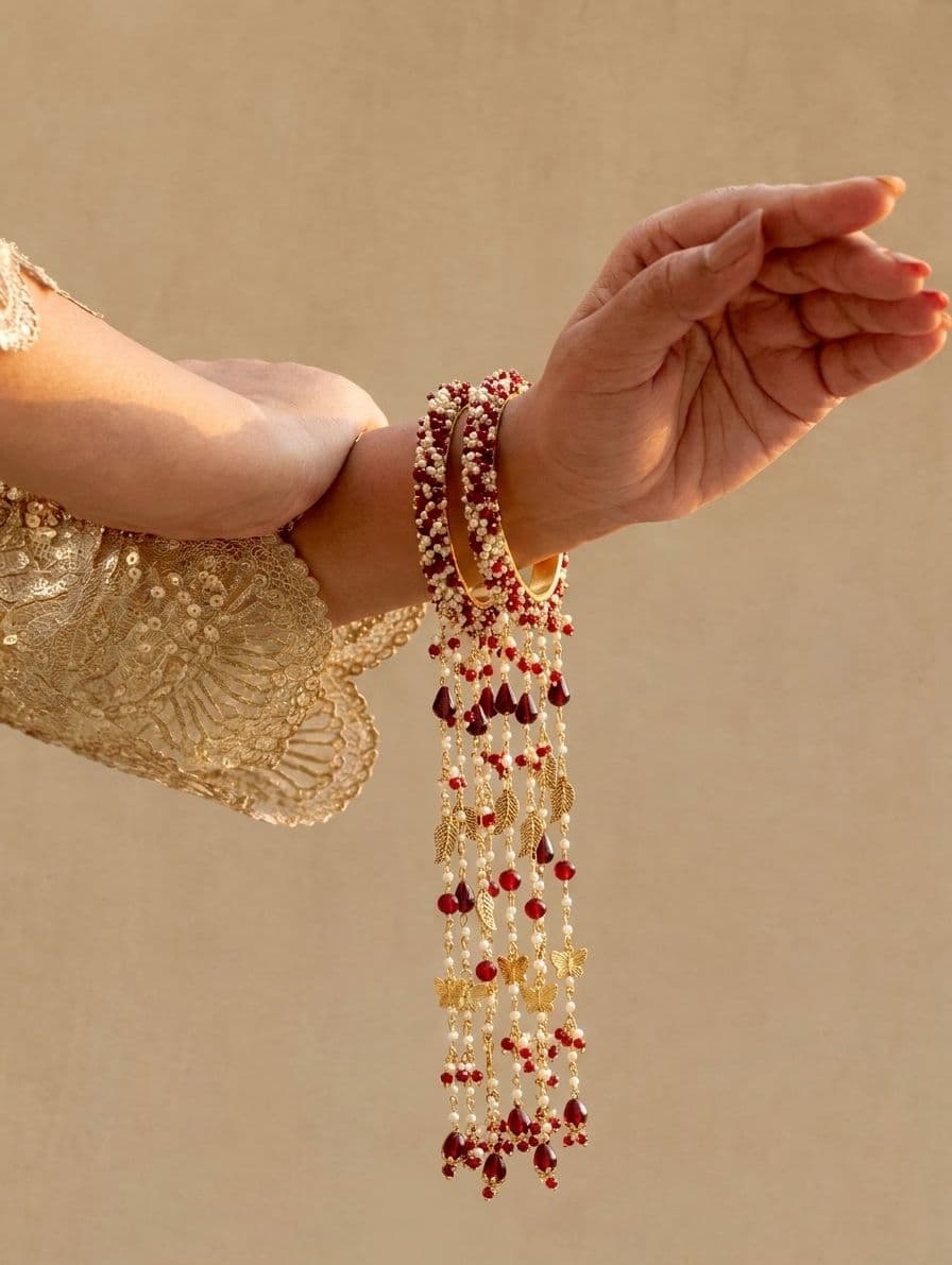Handmade Maroon-White Pearl Bridal Haldi Kaliras