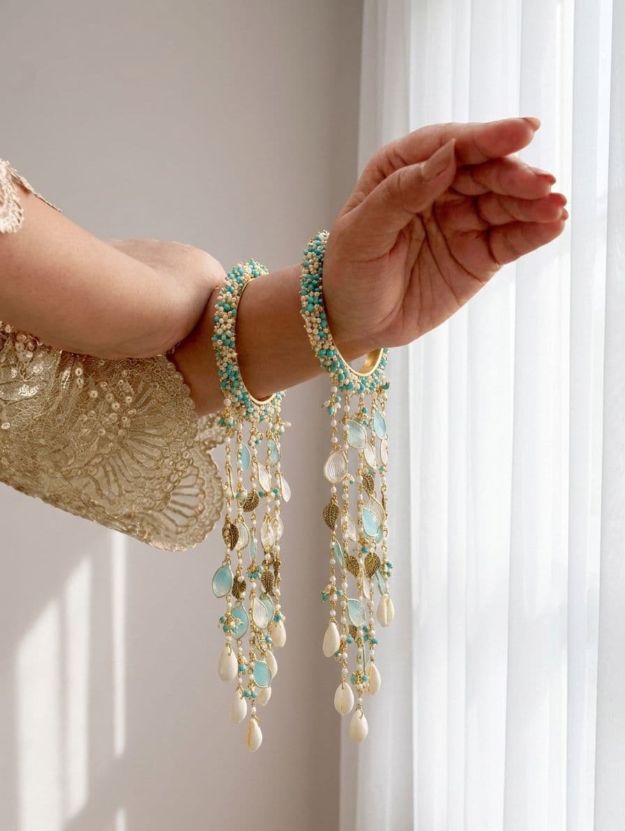 Sky Blue Bridal Pearl & Seashell Haldi Kaliras