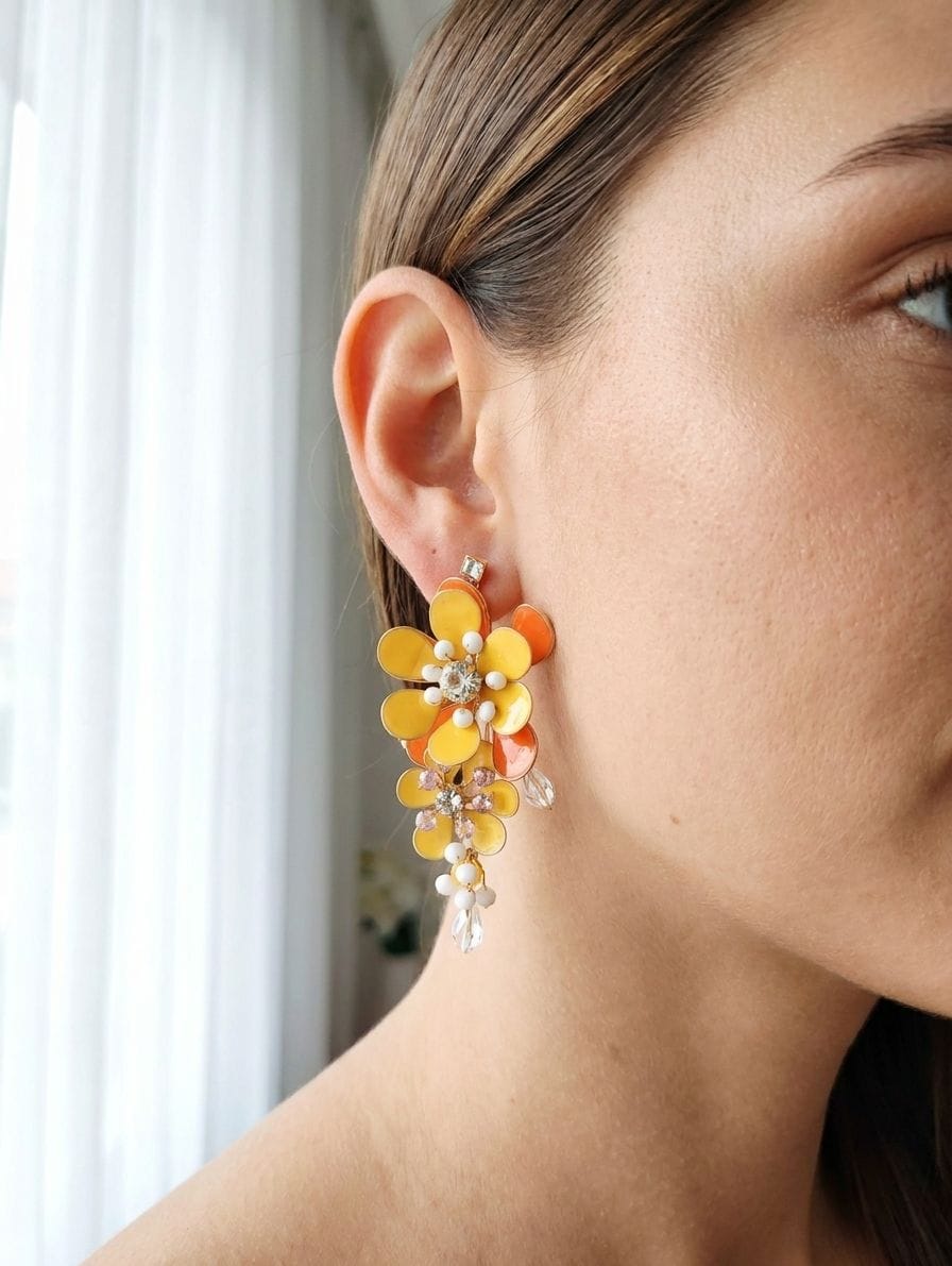 Yellow-Orange Resin Floral Haldi Dangler Earrings